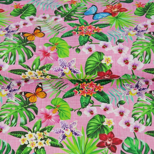 Coupon tissu stenzo popeline de coton - papillons et fleurs sur fond rose - 50x50cm