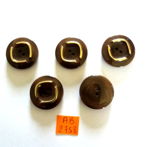 5 boutons en résine marron et doré - 27mm - ab2758