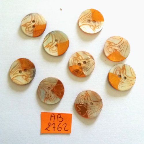 9 boutons en nacre orange et argenté - 18mm - ab2762