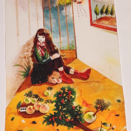 Coupon tissu - fillette assise avec des pommes - coton épais - 15x20cm