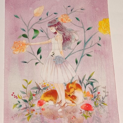 Coupon tissu - fillette avec un cerf et des fleurs - coton épais - 15x20cm