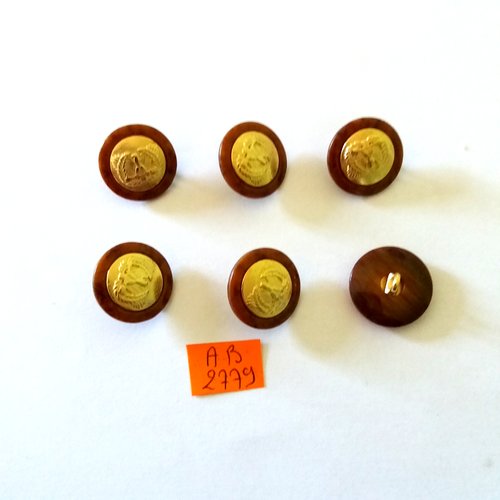6 boutons en résine marron et métal doré - 20mm - ab2779