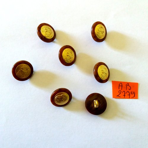 7 boutons en résine marron et métal doré - 15mm - ab2779