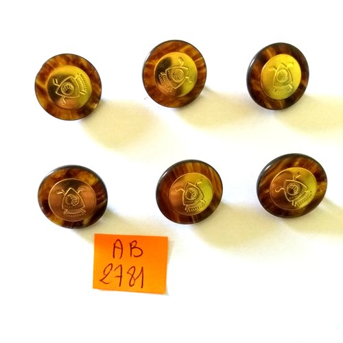 6 boutons en résine marron et métal doré - 19mm - ab2781
