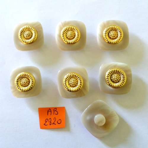 7 boutons en résine beige  et doré - 23x23mm - ab2820