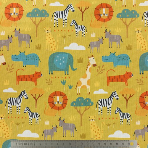 Tissu dashwood studio - habitat - animaux de la savane ( girafe zebre éléphant lion ) - coton - 10cm/laize