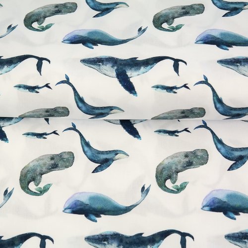 Tissu stenzo popeline de coton - baleines bleues - 20cm / laize