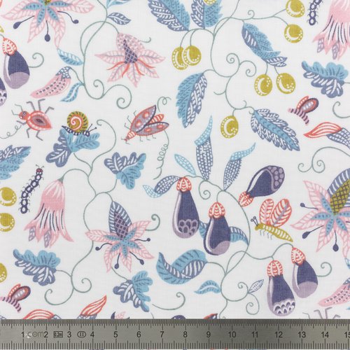 Tissu liberty of london - jitter bug - insecte, fleur ton bleu - coton - 10cm / laize