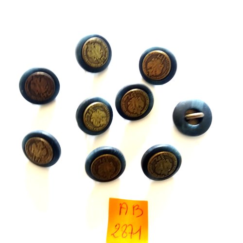 9 boutons en résine bleu et métal doré - 15mm - ab2871