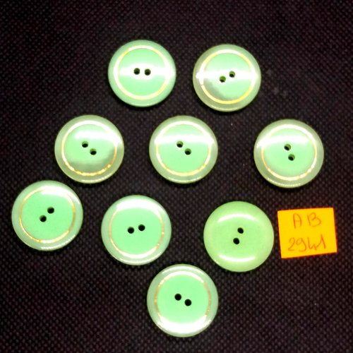 9 boutons en résine vert et liserai doré - 22mm - ab2941