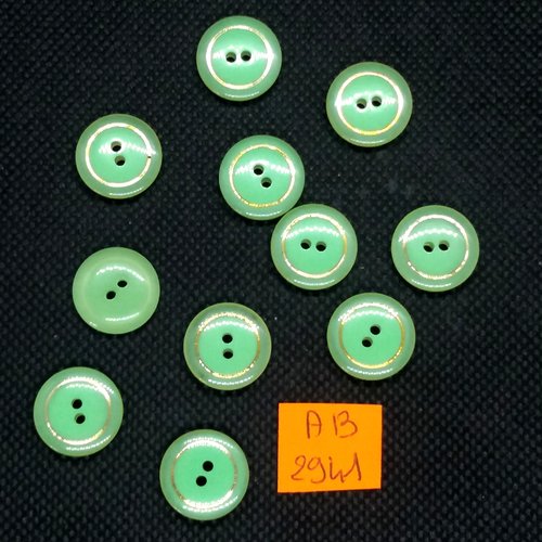 11 boutons en résine vert et liserai doré - 15mm - ab2941