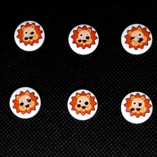 6 boutons fantaisies en bois - tete de chat - fond blanc et orange - 15mm - bri481