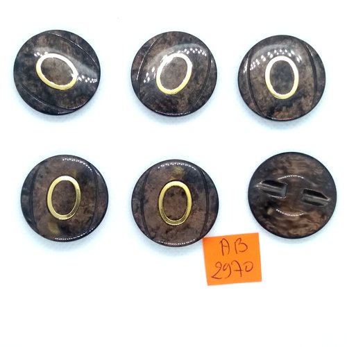 6 boutons en résine marron et doré - 28mm - ab2970