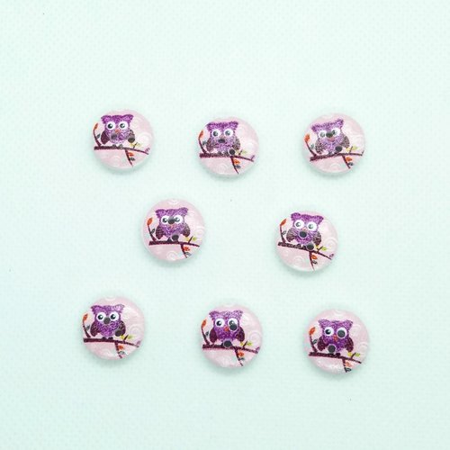8 boutons fantaisies en bois - chouette violet sur fond rose - 15mm - bri482