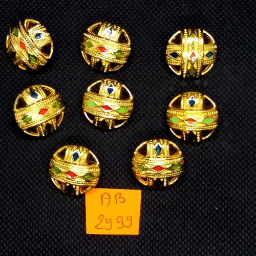 8 boutons en résine doré et multicolore- 18mm - ab2999