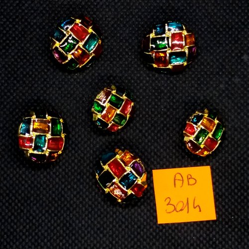 6 boutons en résine doré et multicolore - 18mm et 15mm - ab3014