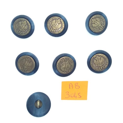 7 boutons en résine bleu et métal doré - 20mm - ab3045