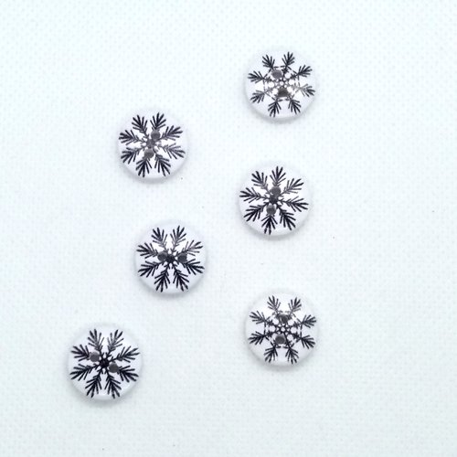 6 boutons fantaisies en bois - flocon - noir et blanc - 15mm- bri485n3