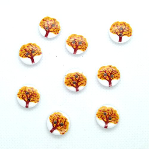 9 boutons fantaisies en bois - arbre - jaune/orange sur fond blanc - 15mm- bri486