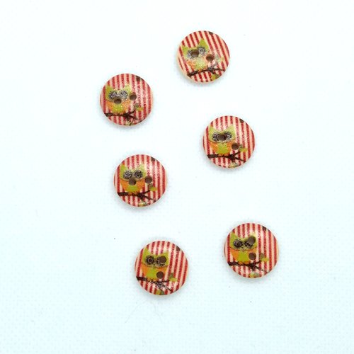 6 boutons fantaisies en bois - rayure rouge et chouette verte - 15mm- bri493n1