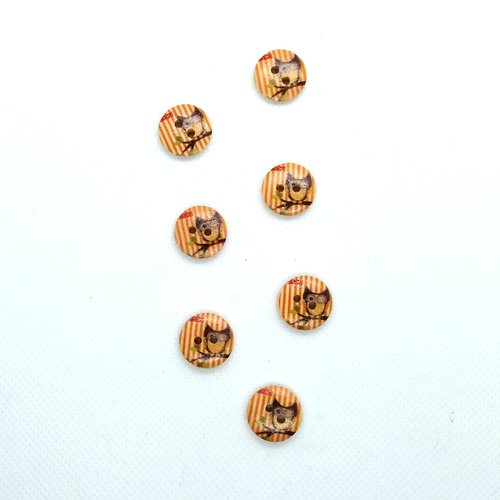 7 boutons fantaisies en bois - rayure orange et chouette grise - 15mm- bri493n4