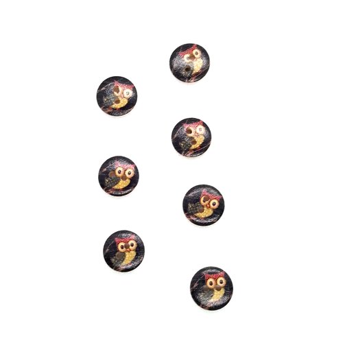7 boutons fantaisies en bois - fond noir et chouette multicolore - 15mm- bri493n8