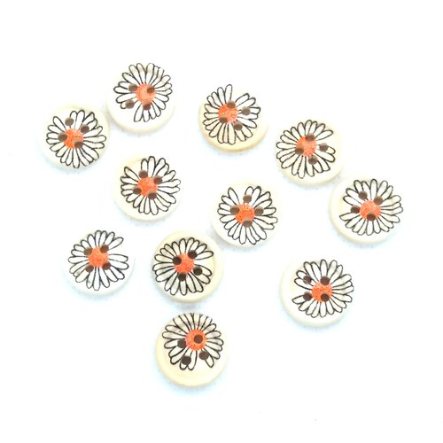 11 boutons fantaisies en bois - fleur noir et orange - 15mm- bri497