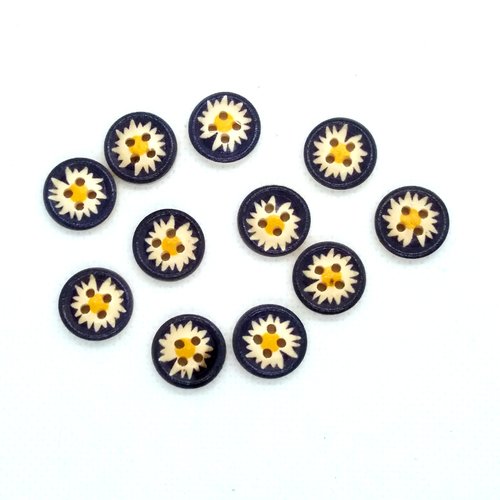 11 boutons fantaisies en bois - fleur bleu et jaune - 15mm- bri497