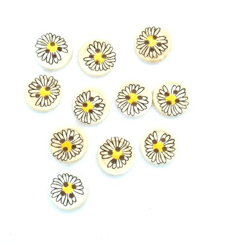 11 boutons fantaisies en bois - fleur beige et jaune - 15mm- bri497