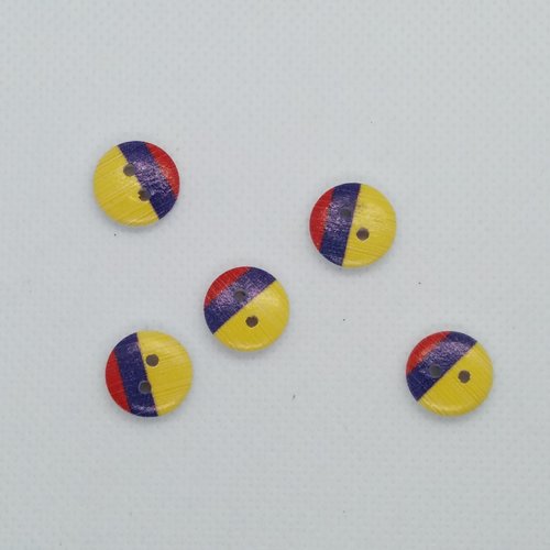 5 boutons fantaisies en bois  - jaune bleu rouge - 13mm- bri490n11