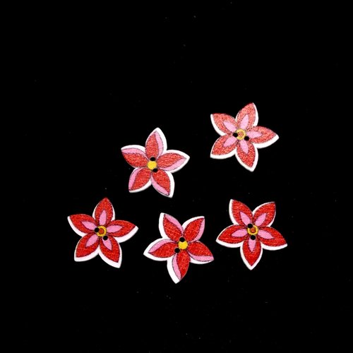 5 boutons en bois fantaisie - fleur rouge - 18mm - bri515
