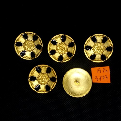 5 boutons en métal doré et noir - 28mm - ab3177