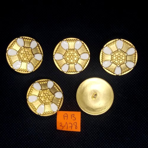 5 boutons en métal doré et blanc - 28mm - ab3178
