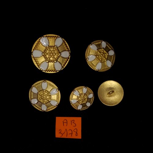 5 boutons en métal doré et blanc - taille diverse - ab3178