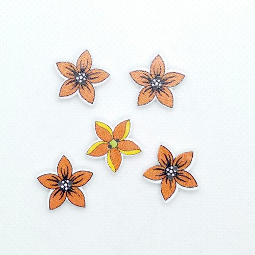 5 boutons en bois fantaisie - fleur orange - 18mm - bri515