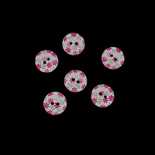 6 boutons en bois fantaisie - blanc rose et vert - 15mm - bri514n°1