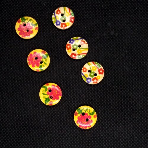 7 boutons en bois fantaisie - multicolore - 15mm - bri513n°6