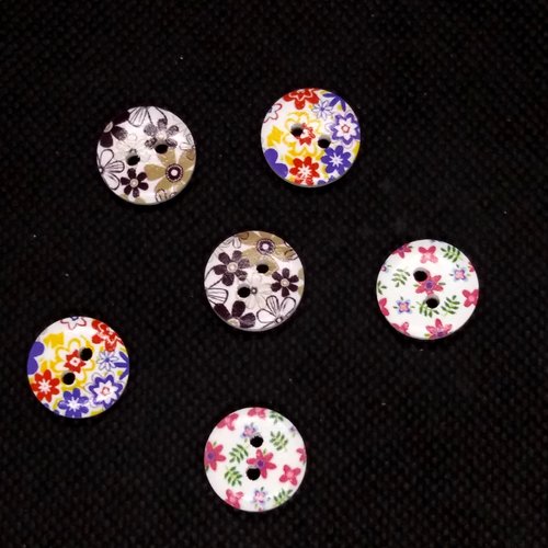 6 boutons en bois fantaisie - multicolore - 15mm - bri511n°4