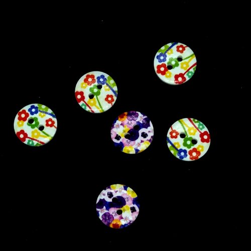 6 boutons en bois fantaisie - multicolore - 15mm - bri511n°6