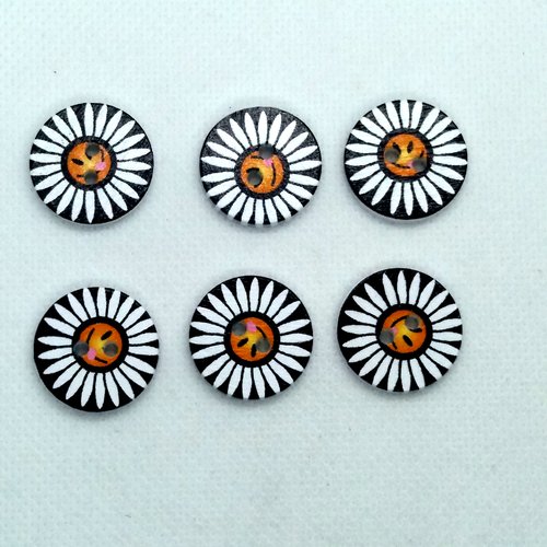 6 boutons en bois fantaisie - fleur noir et blanc - 20mm - bri549