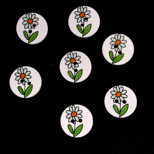 7 boutons en bois fantaisie - fleur noir et blanc - 20mm - bri549