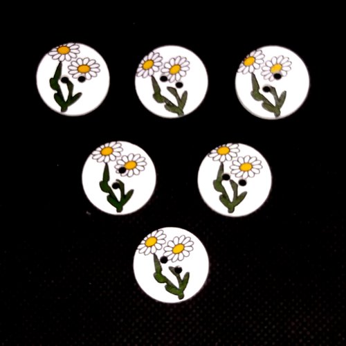 6 boutons en bois fantaisie - 2 fleurs noir et blanc - 20mm - bri549