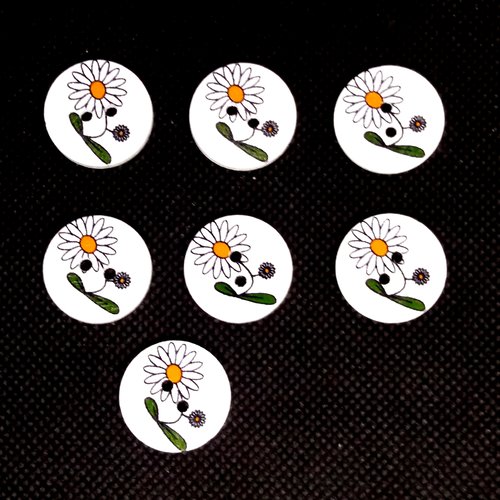 7 boutons en bois fantaisie - fleur noir et blanc - 20mm - bri549