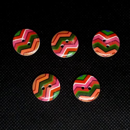 5 boutons fantaisies en bois - rayure multicolore - 18mm - bri543n°1