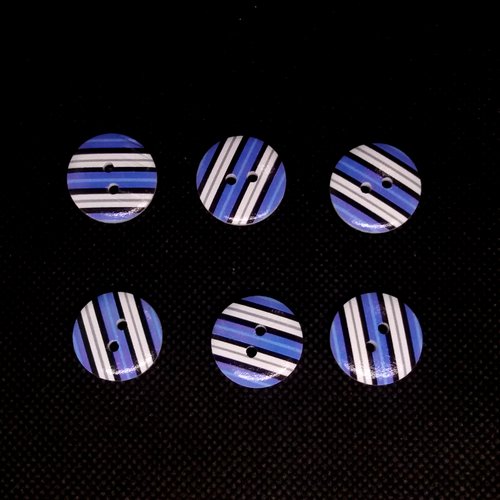 6 boutons fantaisies en bois - rayure bleu blanc noir - 18mm - bri543n°2