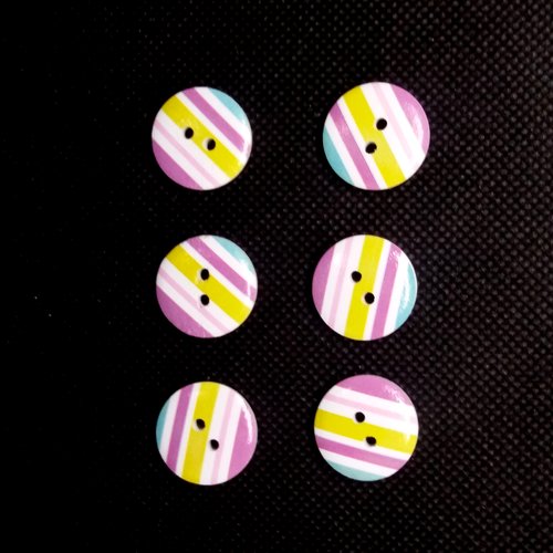 6 boutons fantaisies en bois - rayure mauve jaune blanc  - 18mm - bri543n°2
