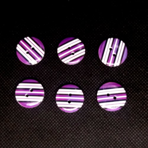6 boutons fantaisies en bois - rayure violet blanc noir  - 18mm - bri543n°3