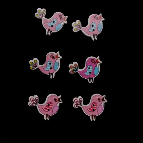 6 boutons fantaisies en bois - oiseaux rose - 19x24mm - bri527n2