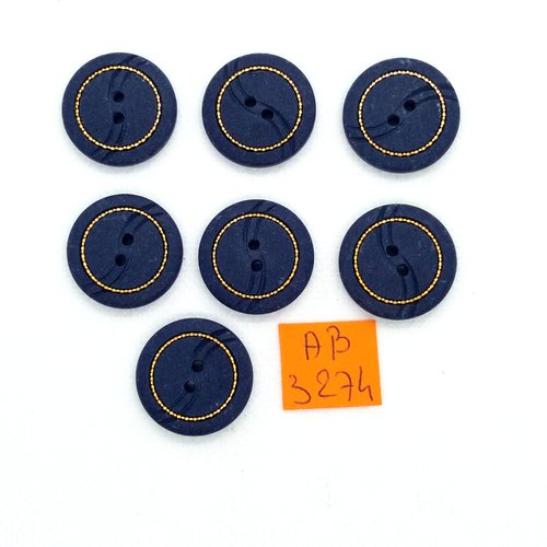 7 boutons en résine bleu et doré - 22mm - ab3274