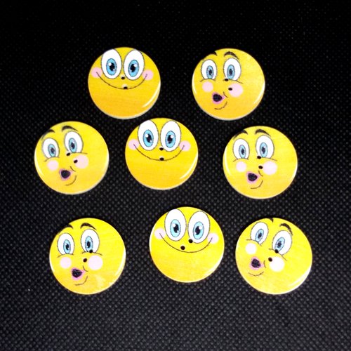 8 boutons en bois fantaisie - smiley - 25mm - bri541